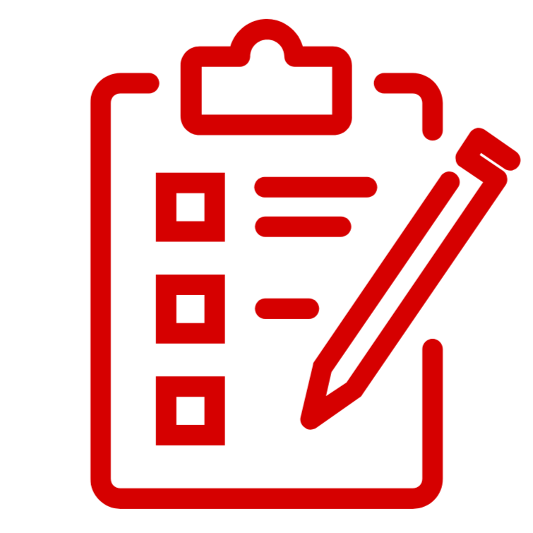 Red icon of a clipboard with checkboxes and a pencil