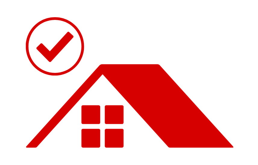 Red house roof with four window panes and a checkmark inside a circle in the top left corner.