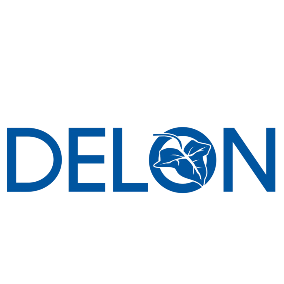 Logo for Delon, featuring a black silhouette of a bird on a branch above the word 'Delon' written in blue, with the letter 'O' stylized as a blue circle containing a leaf design.