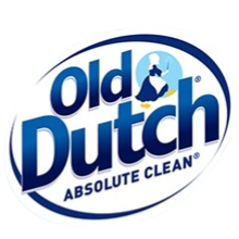 Old Dutch logo with blue text and a graphic of a woman using a mop.