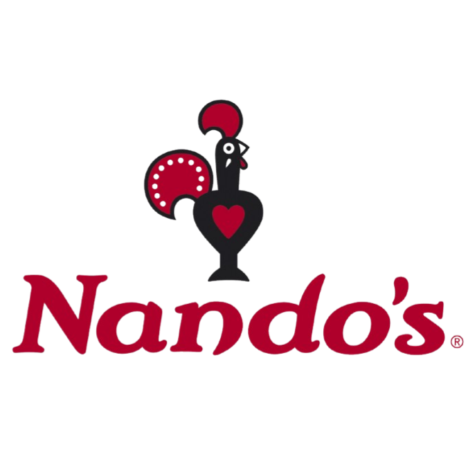 Nando's logo with a red heart, a small red circle, and red and grey clock-like shapes above the red text 'Nando's'.