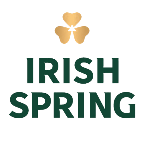 Logo with a shamrock and three hearts above the words 'Irish Spring' in bold green letters.