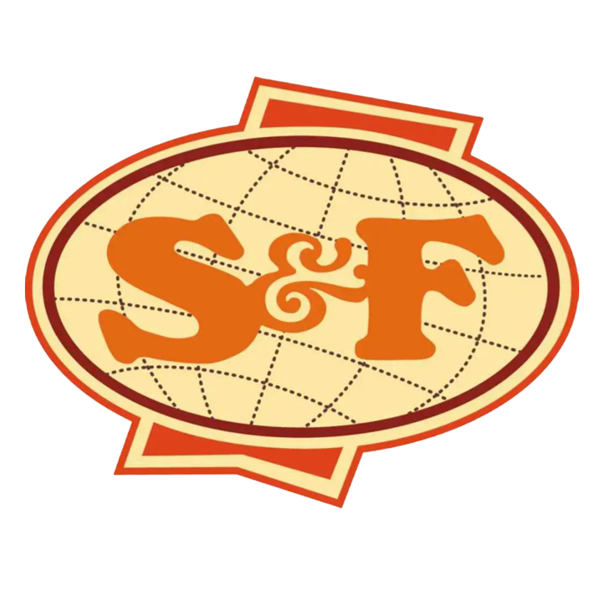 Logo with the letters S and F in orange, connected by a swirl, on a globe background with a maroon border.