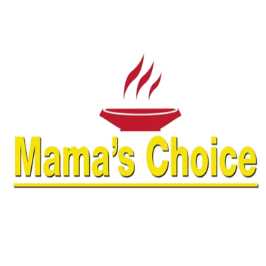 Logo for Mama's Choice featuring a steaming red pot and yellow text.