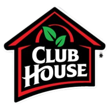 Logo with a red and black house outline, green leaves, and the words 'CLUB HOUSE' in white.