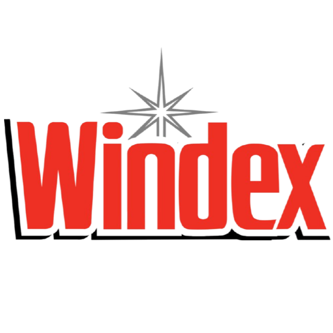 The image features the word 'Windex' in bold red letters with a black background. There is a stylized silver starburst above the text.