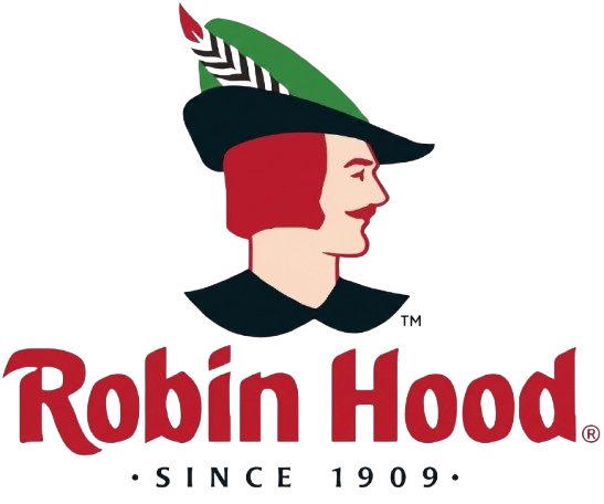 Logo of Robin Hood with a profile illustration of a woman with red hair wearing a green hat with a feather and a black collar, along with the text "Robin Hood Since 1909."