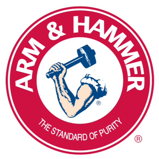 Arm & Hammer logo featuring a muscular arm holding a hammer with a black background and a red circular border, with the tagline 'The Standard of Purity'.