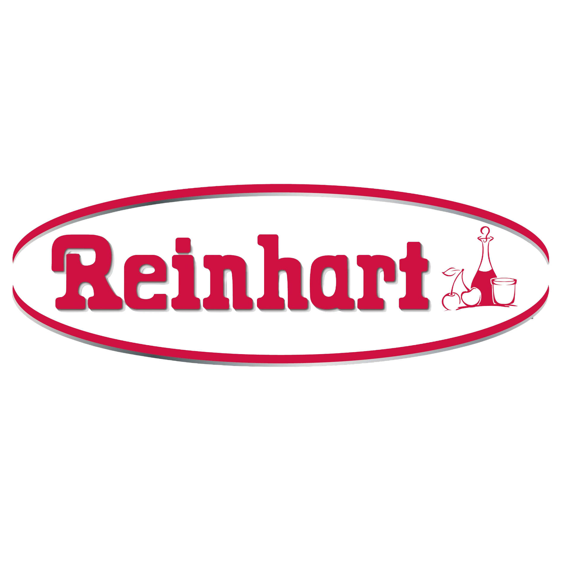 Reinhart logo with red text inside an oval outline, featuring illustrations of a spray bottle, cherries, a glass, and a container.