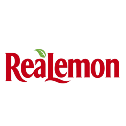 ReaLemon logo with red text and a green lemon leaf above the letter 'a'.