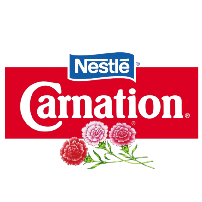 Nestlé Carnation logo with pink and red carnations flowers underneath.