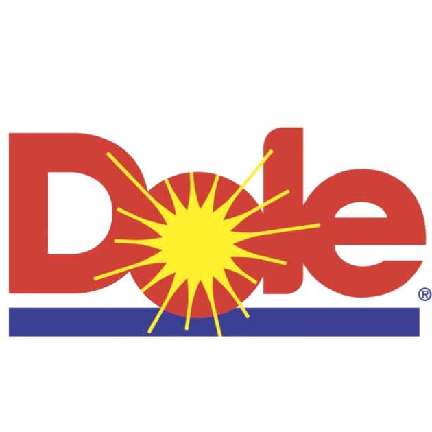 Logo with the word 'Dole' in large red letters, a yellow burst symbol in the center, and a blue stripe at the bottom.
