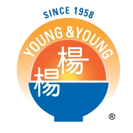 Logo with the text "Since 1959" at the top, and a large circle divided horizontally into an orange top half with white Chinese characters and a blue bottom half. The circle also has the words "Young & Young" on the top half of the orange section.