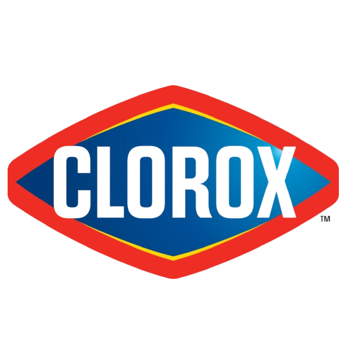 Colorful logo with the word 'Clorox' inside a diamond-shaped design.
