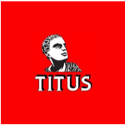 Illustration of a woman with short hair and makeup, with the word 'TITUS' beneath her, on a red background.