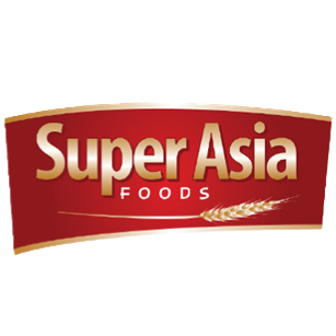 Logo of Super Asia Foods with red background and gold text, featuring a wheat stalk graphic.