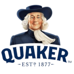 A character resembling the Quaker Oats man, an elderly man with white hair and a white bonnet, smiling, dressed in traditional Quaker attire, beside the Quaker logo.