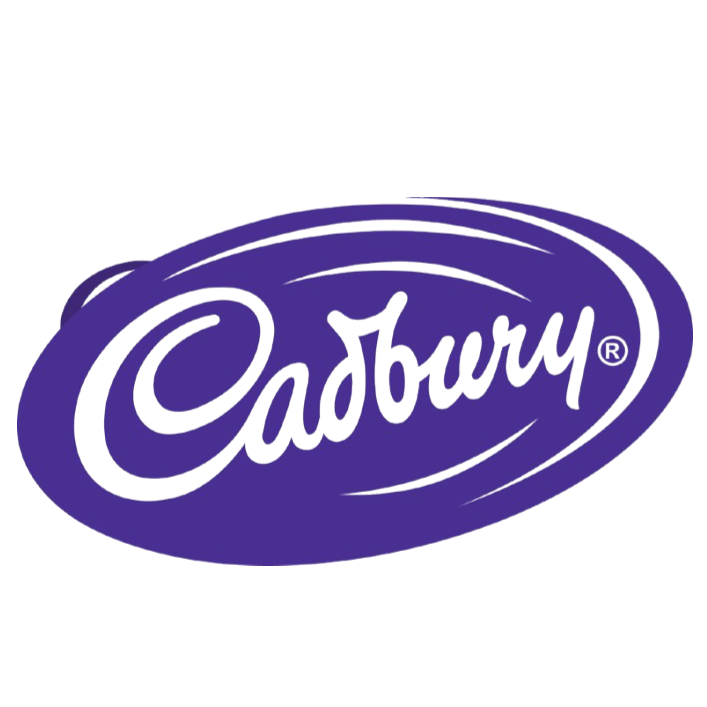 Cadbury logo with purple oval background and white cursive writing.