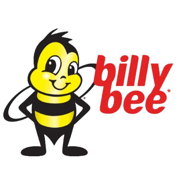 A cartoon bee character with a yellow and black striped body, smiling and standing with one hand on its hip. Next to the bee is the red text 'billy bee'.
