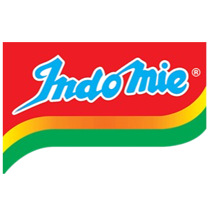IndoMie logo on a red background with rainbow-colored stripes.