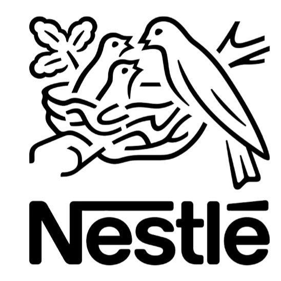 Outline logo of a nest with three baby birds and a bird feeding them, above the word 'Nestle' in stylized text.