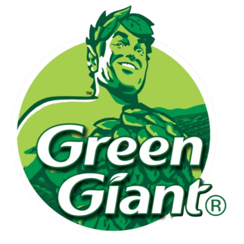 Logo of Green Giant featuring a smiling illustration of a green giant with long hair, and the text "Green Giant" in white letters.