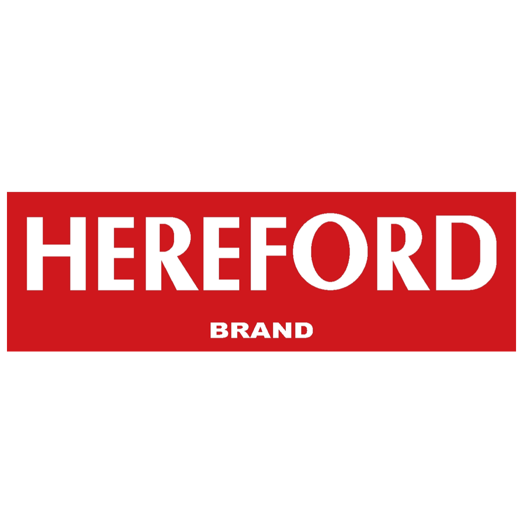 Logo for HEREFORD BRAND featuring a red rectangle with white text.