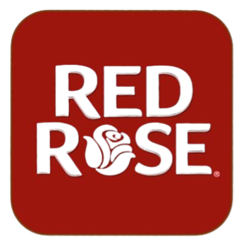 Red square logo with the words 'Red Rose' in metallic letters, featuring a small red rose graphic between the words.