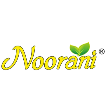 Noorani logo with stylized yellow text, green leaves, and a black silhouette of a cow.