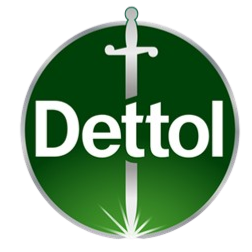 Dettol logo featuring a white sword over a green circular background with the brand name