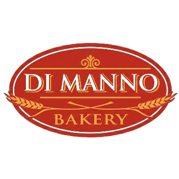 Logo for Di Manno Bakery with red background, gold and white text, and wheat graphic elements.