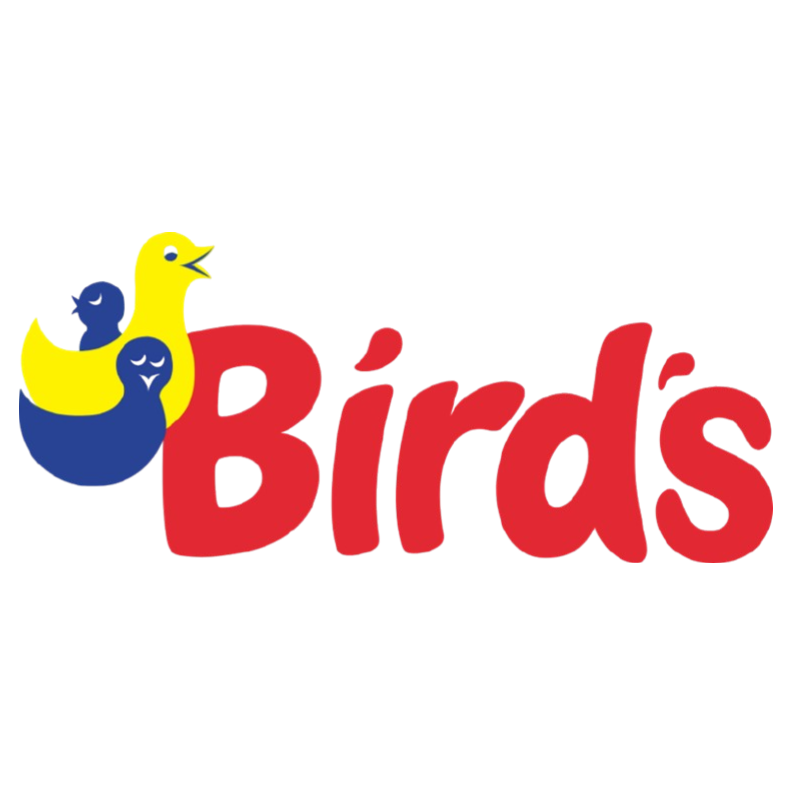 Colorful logo with the word 'Birds' in red, featuring cartoon illustrations of three birds: a yellow bird with an open beak, a blue bird with closed eyes, and a dark blue bird with closed eyes.