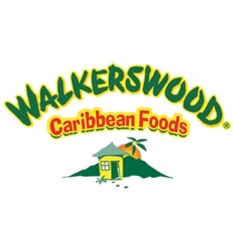 Walkerswood Caribbean Foods logo with green and yellow text, a small house, and a palm tree.