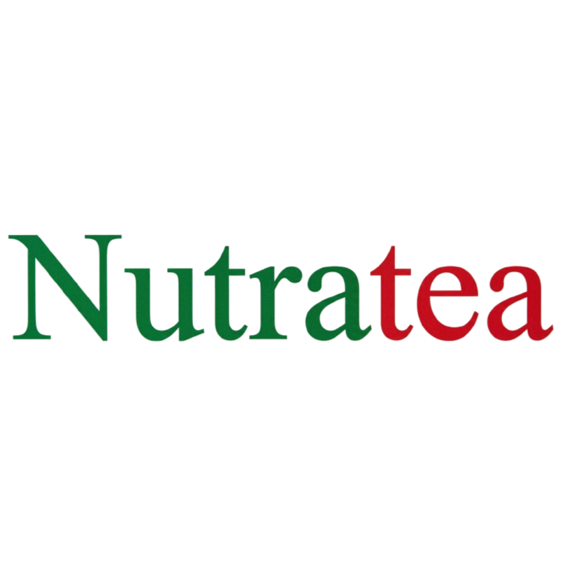 Colorful Nutratea logo with green, purple, and red text on a purple background.