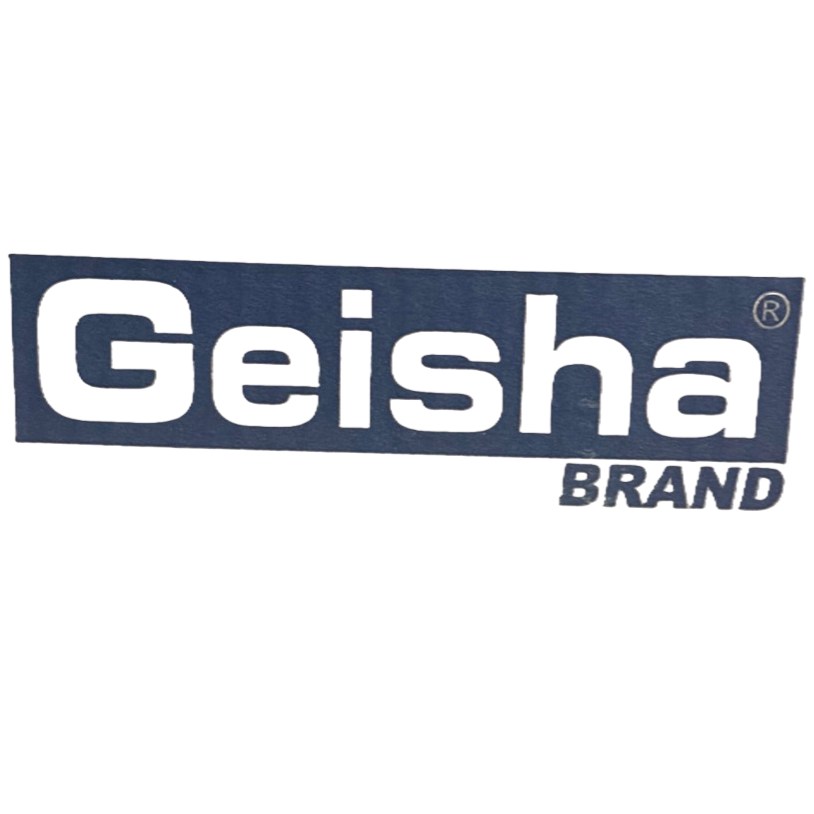 Close-up of a metallic Geisha brand logo on a dark background.