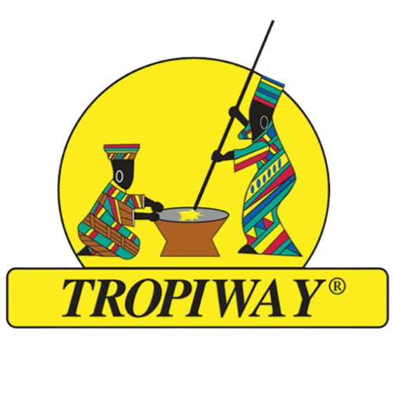 Logo showing two illustrated African figures with colorful traditional clothing working together with a cooking pot, and the word "Tropiway" in bold black letters on a yellow background.