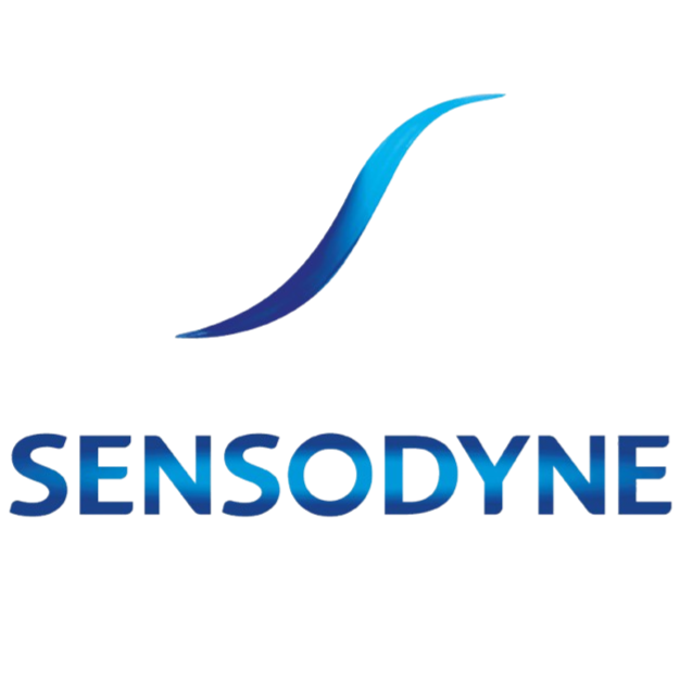 Sensodyne logo with a curved blue and green design above it.