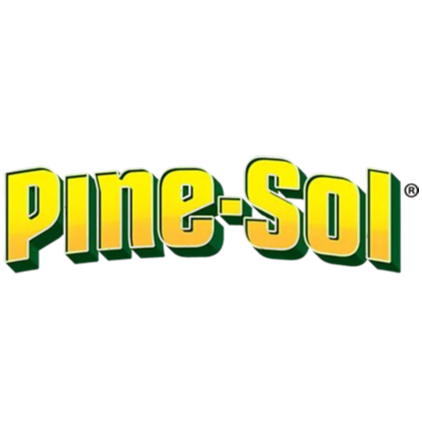 Pine-Sol logo in green and yellow text with a black background.
