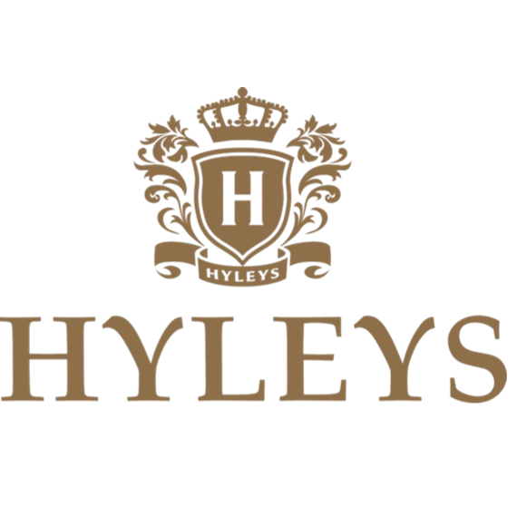Hyleys logo with a crest featuring a shield, crown, and two lions on either side.