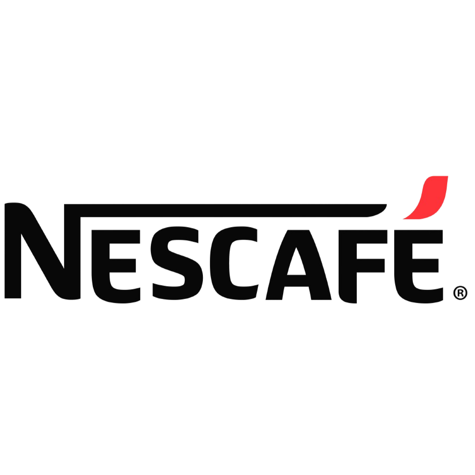 The Nescafe logo, mostly black text with a small red and purple flame-like design on the top right corner.