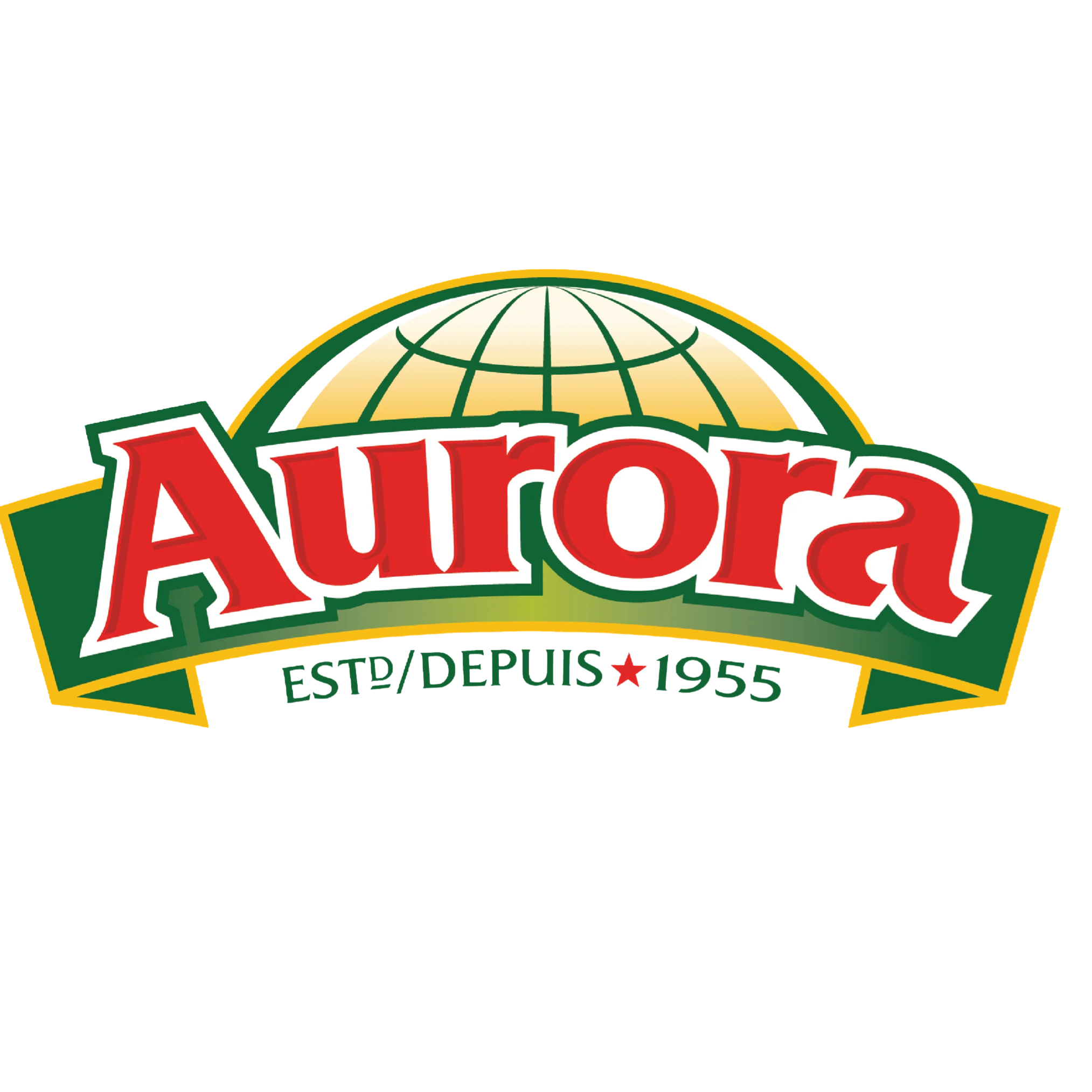 Aurora logo featuring a globe above the brand name 'Aurora' in large red letters, with 'ESTD/DEPUIS 1955' underneath, set against a green and yellow background.