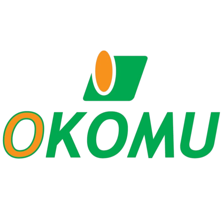 OKOMU logo with stylized graphic design in green, orange, and blue colors.