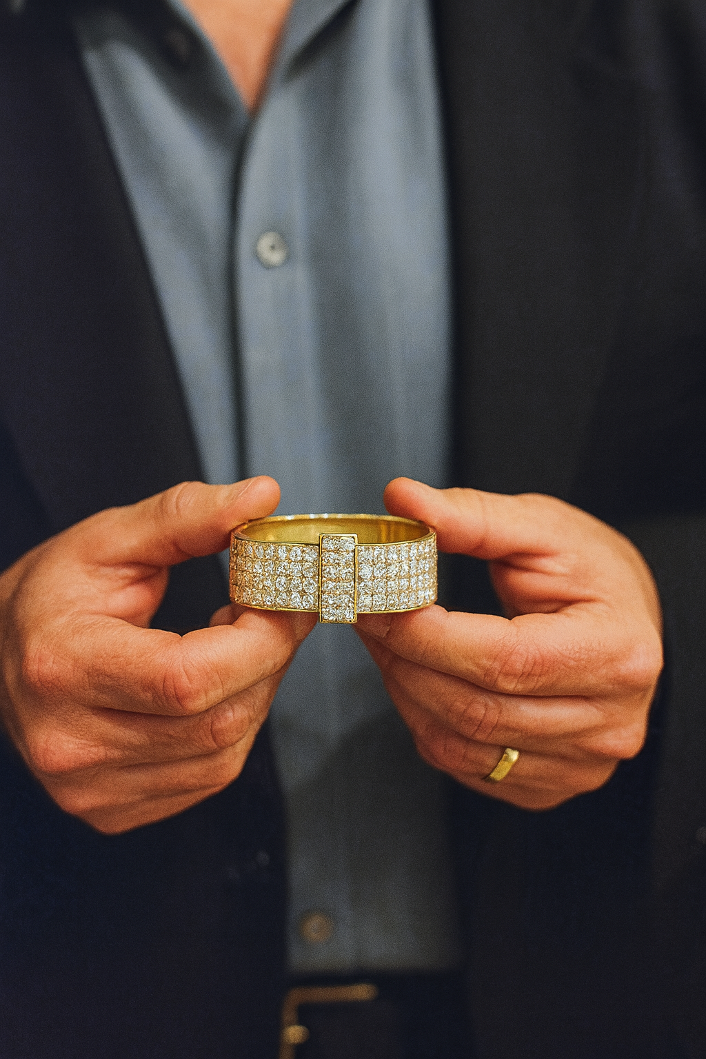 Custom 18k diamond buckle cuff bracelet.