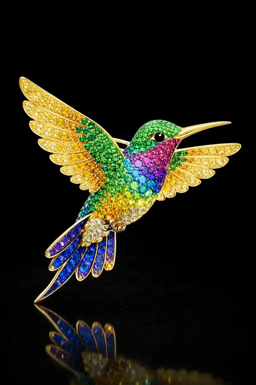Custom gold hummingbird in flight with colored gemstones