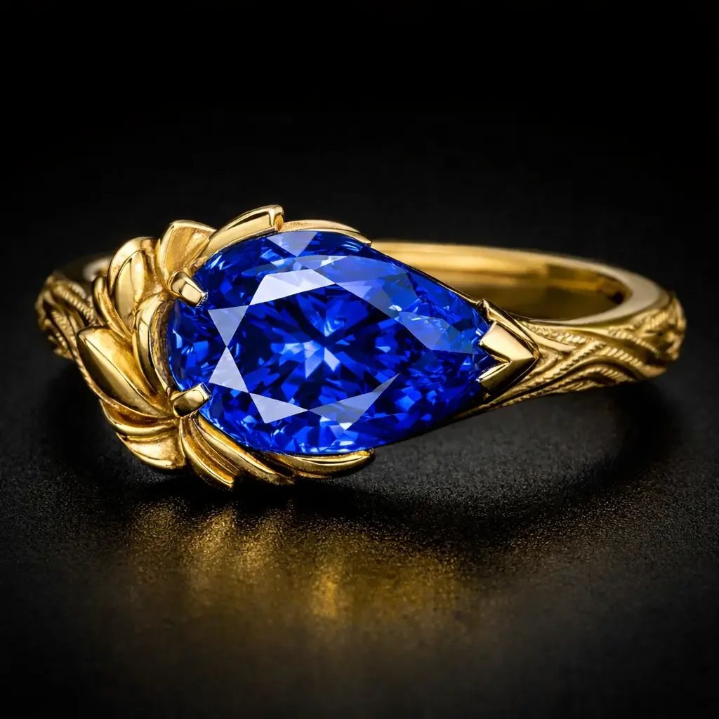 Custom pear shaped blue sapphire and 18k yellow gold