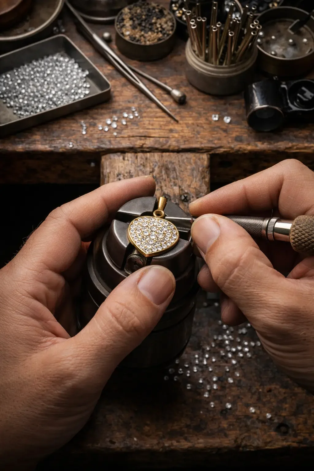 Diamond setting in a gold pendant