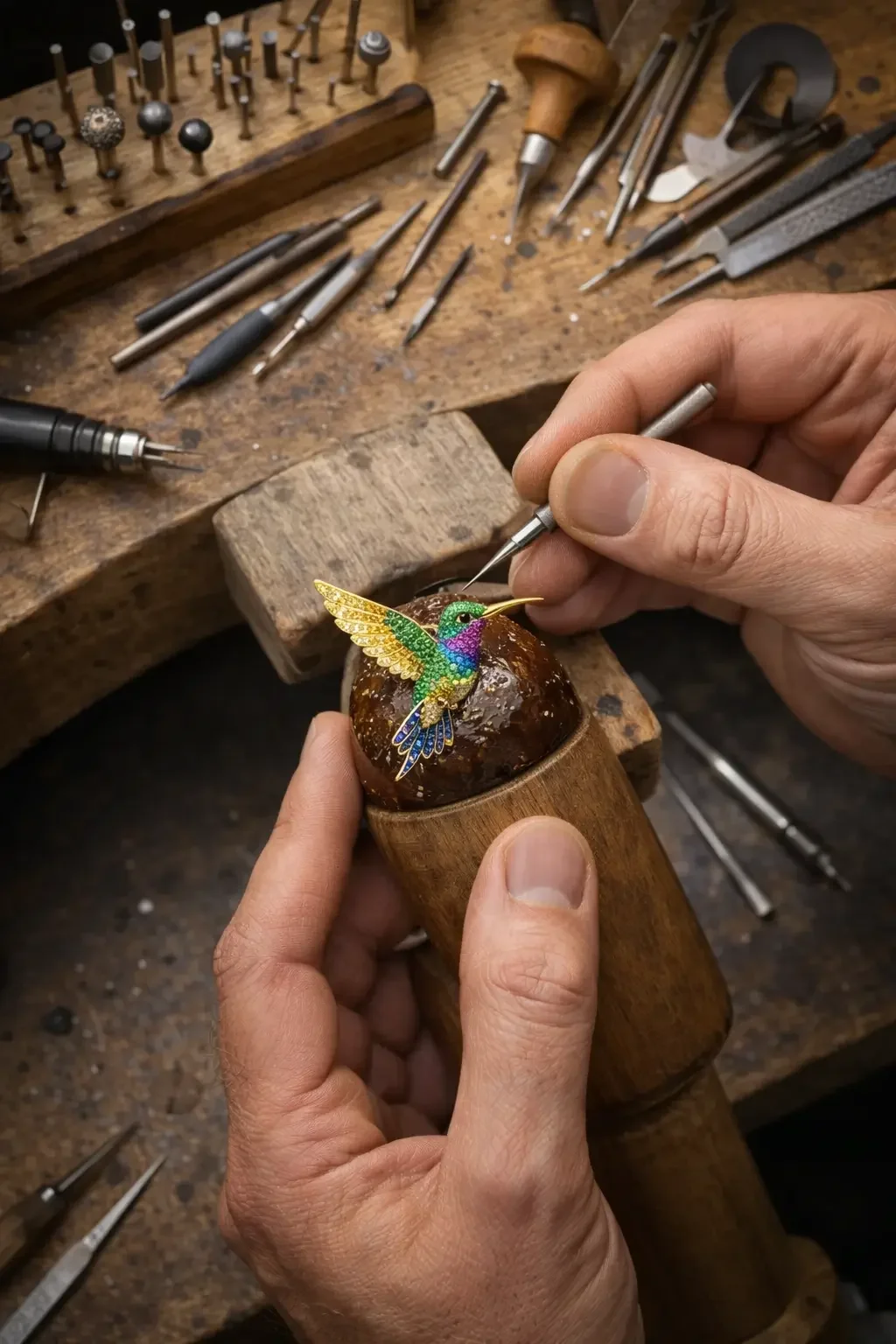 Custom hummingbird brooch with color stones designed by Amante Design Studio.