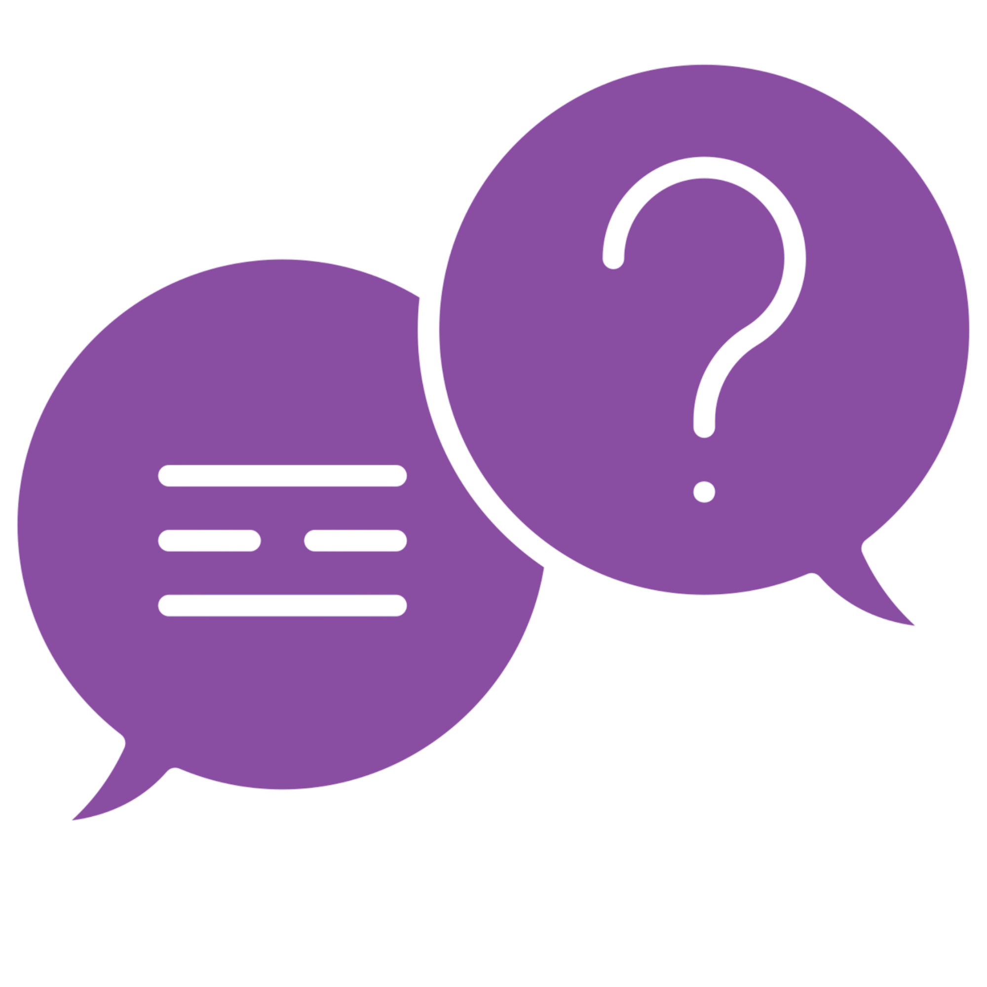 Purple speech bubbles with black question mark symbols inside, representing questions or inquiries.