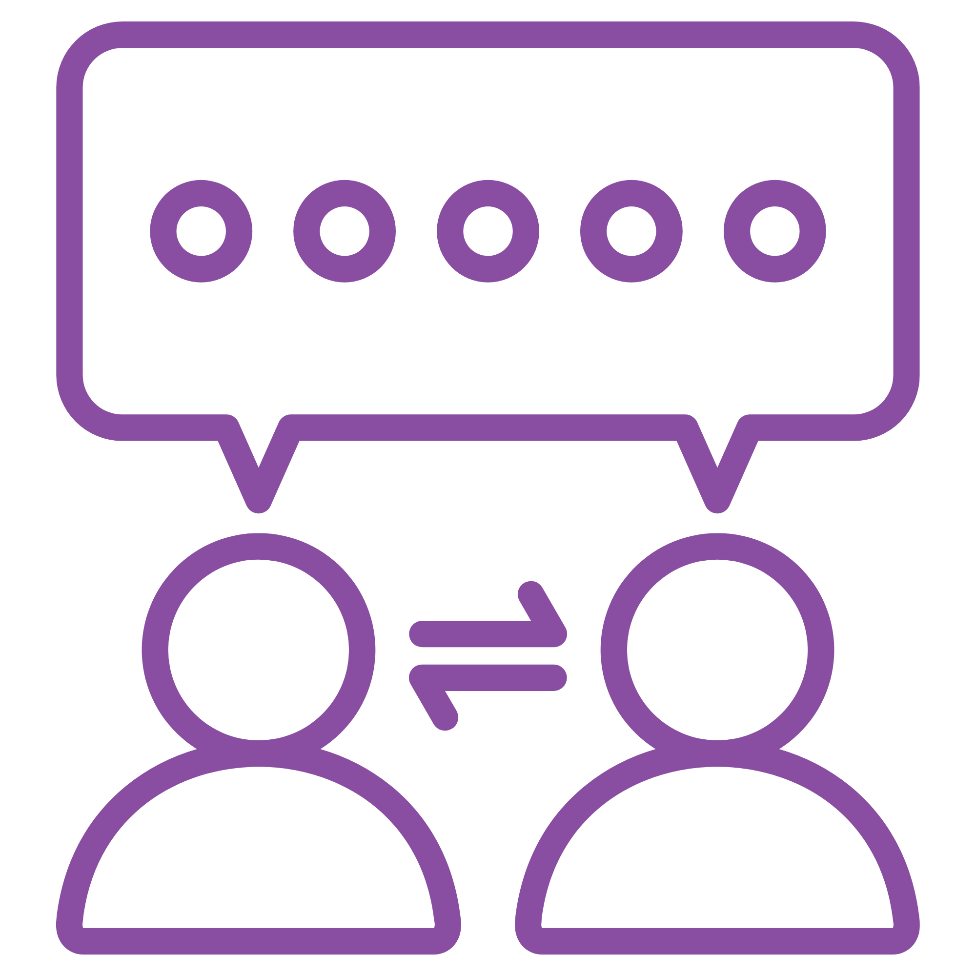 Line drawing of two people with a speech bubble containing five circles inside.
