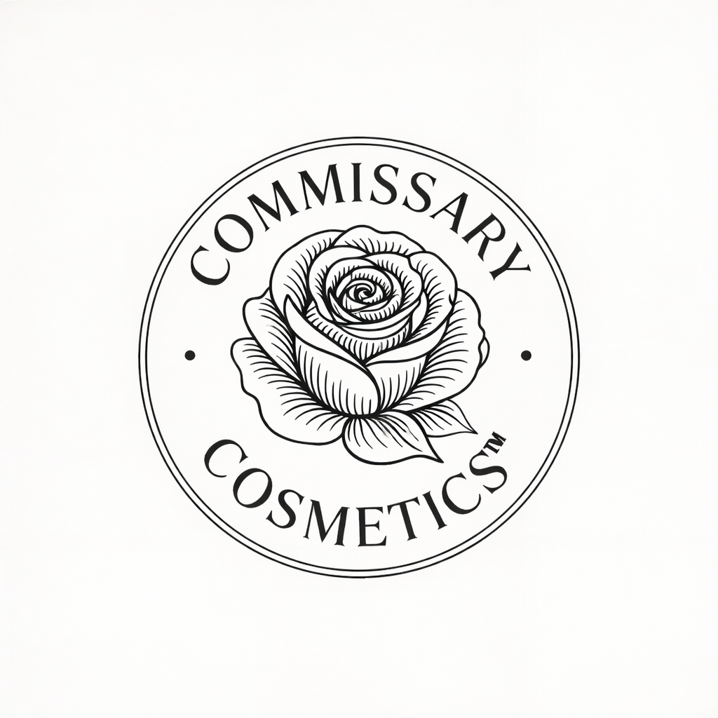 A circular logo with a rose in the center and the text 'Commissionary Cosmetics' around the circle.